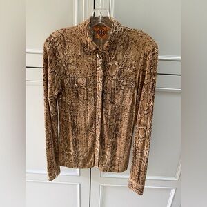Tory Burch silky  Tan Snake Print ladies blouse with gold buttons